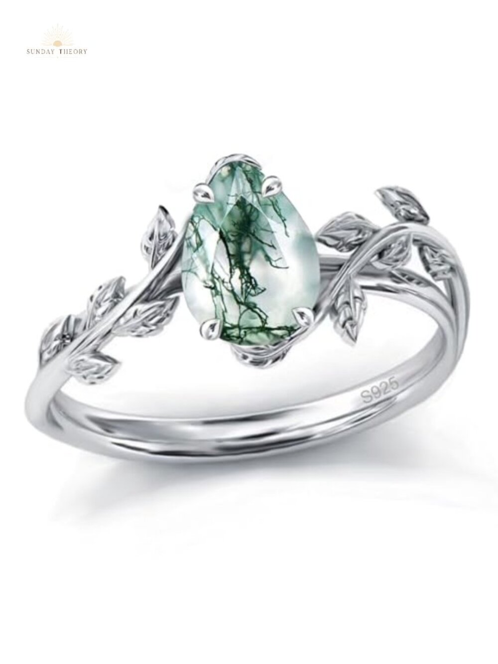 Natural Moss Agate Ring 925 Sterling Silver Leaf Ring for Her Birthday